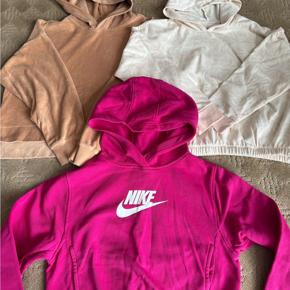 Nike hoodie XL, Aerie hoodie tan XXS, Patterned hoodie 14/16